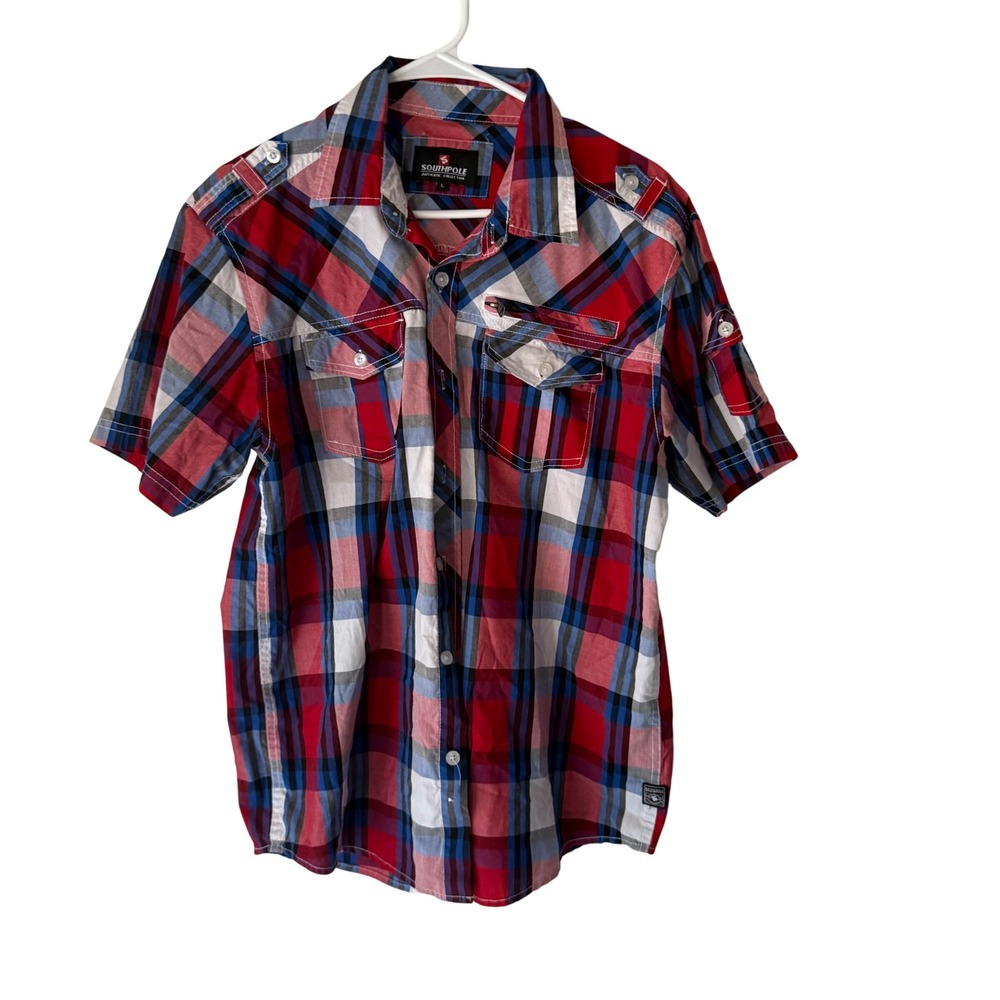Southpole Y2k Mens Plaid Short‎ Sleeve Button Down Shirt Casual Red Blue Large